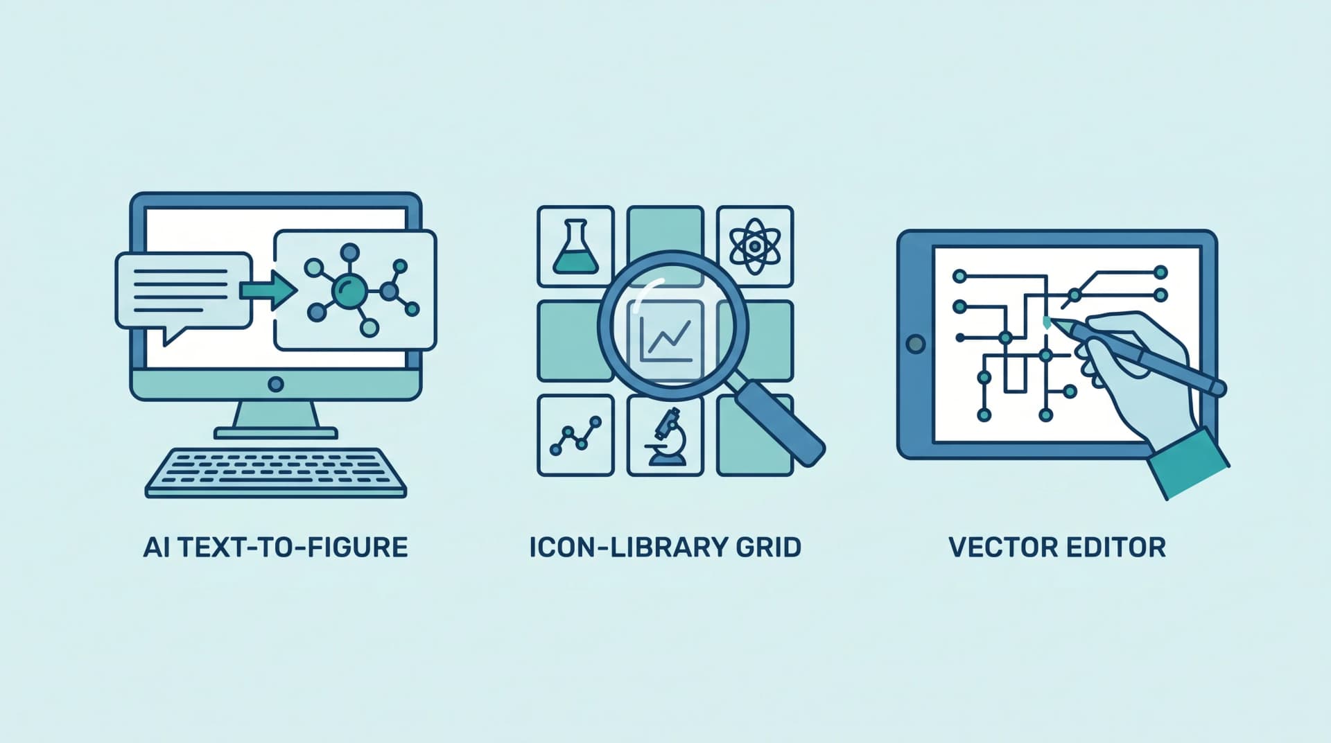 Seven BioRender alternatives shown as a lineup of tool approaches — AI generation, icon libraries, and vector editors (Figure generated with SciFig)