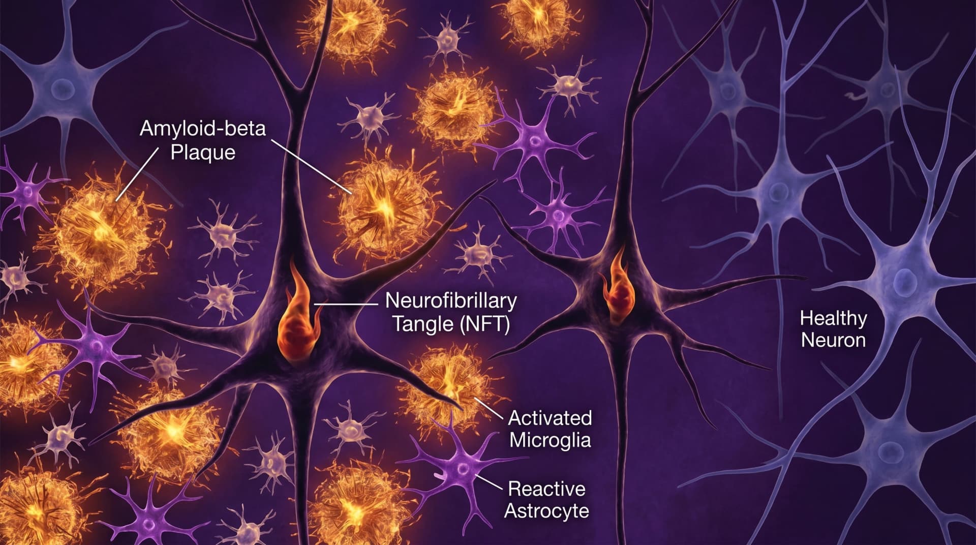 알츠하이머 hippocampus 단면: pyramidal neurons 안의 dense amyloid plaques와 intracellular tau tangles, reactive microglia (SciFig로 생성한 이미지)