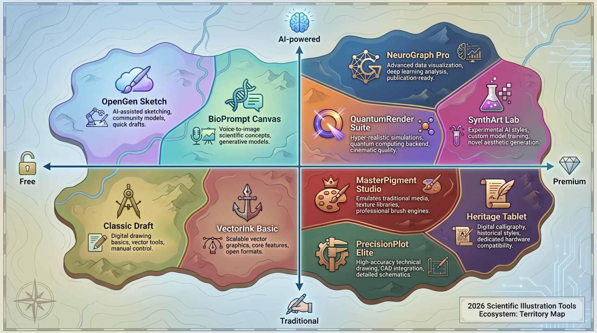 2026 科研插图工具景观图:10 个工具按 AI vs 传统 × 免费 vs 付费两轴定位(图片由 SciFig 生成)