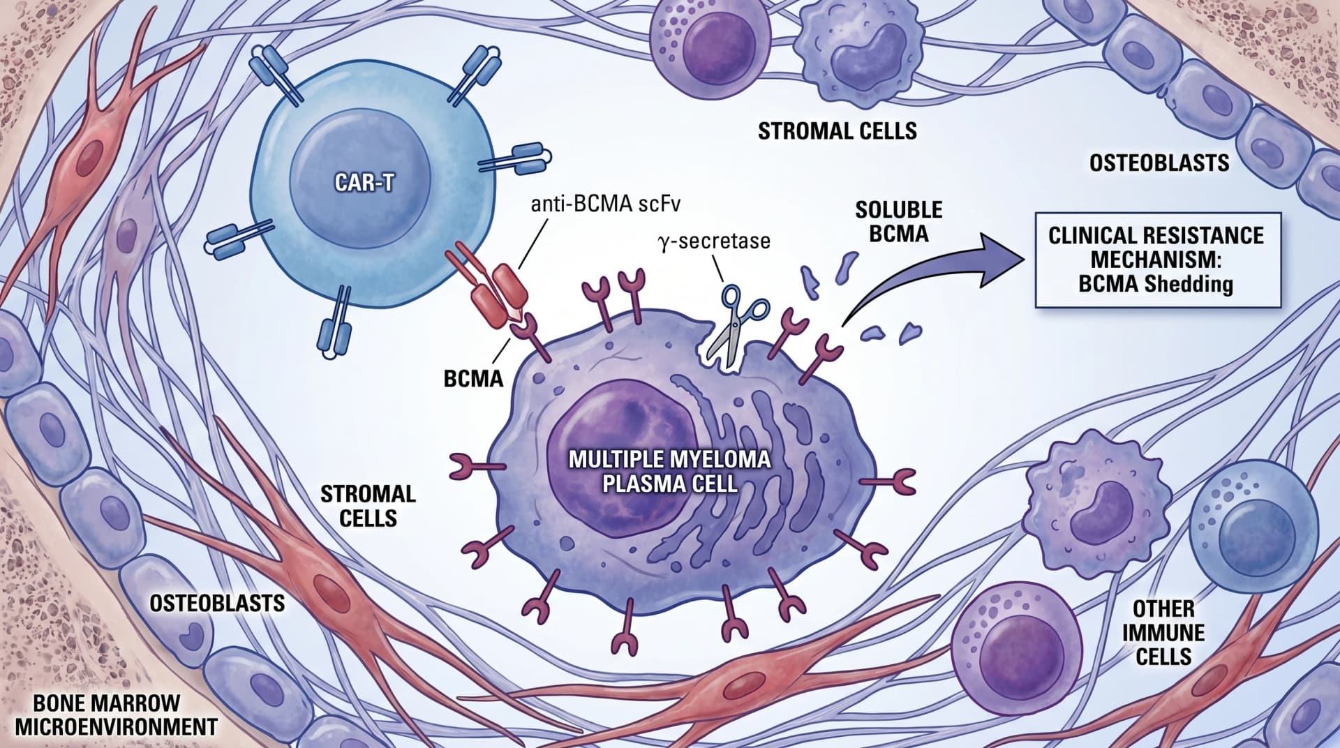 BCMA CAR-T binds myeloma plasma cell in bone marrow, with stromal cells and γ-secretase BCMA shedding (Figure generated with SciFig)