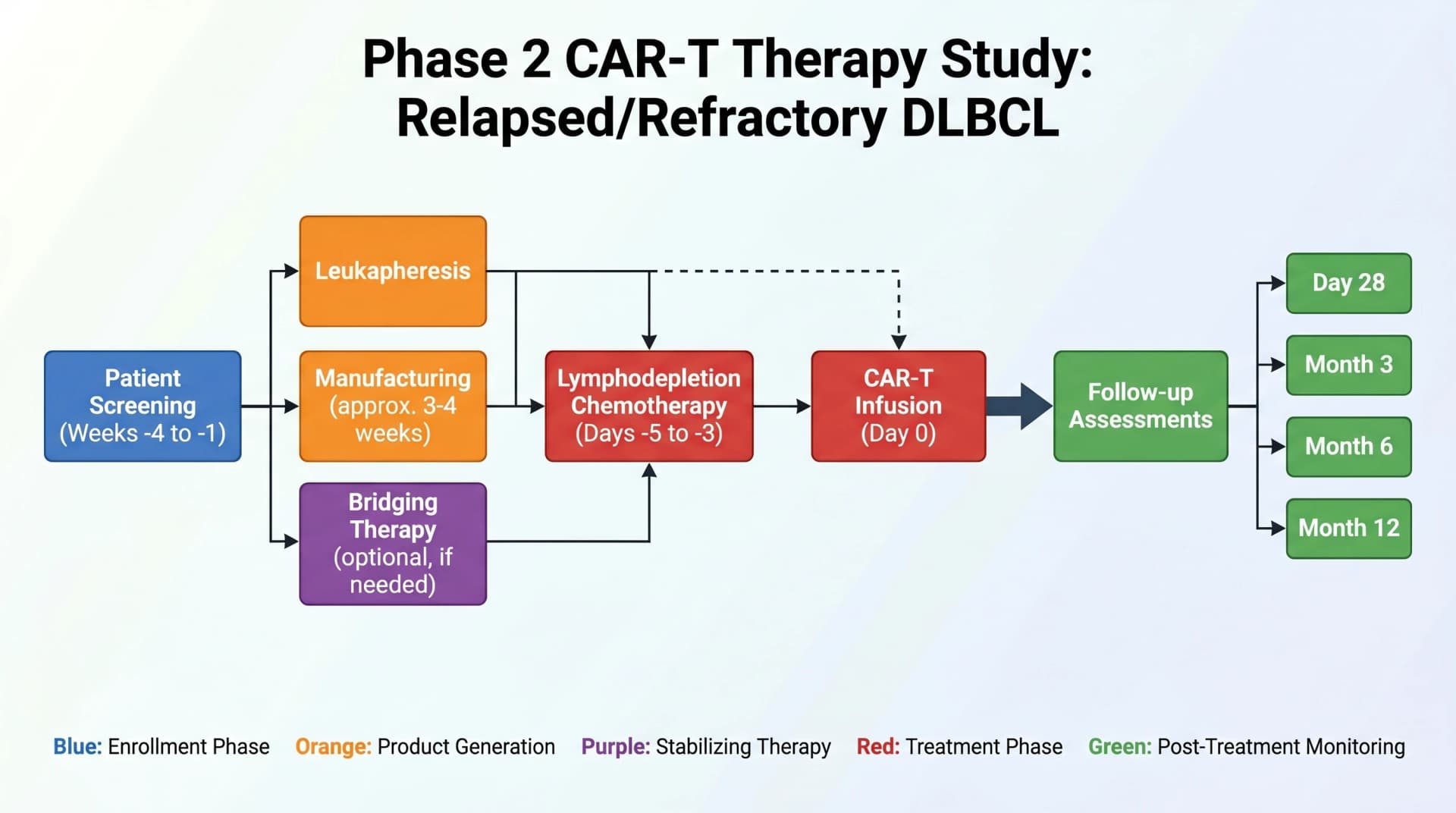 r/r DLBCL 向け CAR-T 試験スキーマ:leukapheresis → 製造 → 投与 → Day 28 / Month 3-12 追跡(SciFigで生成された図)