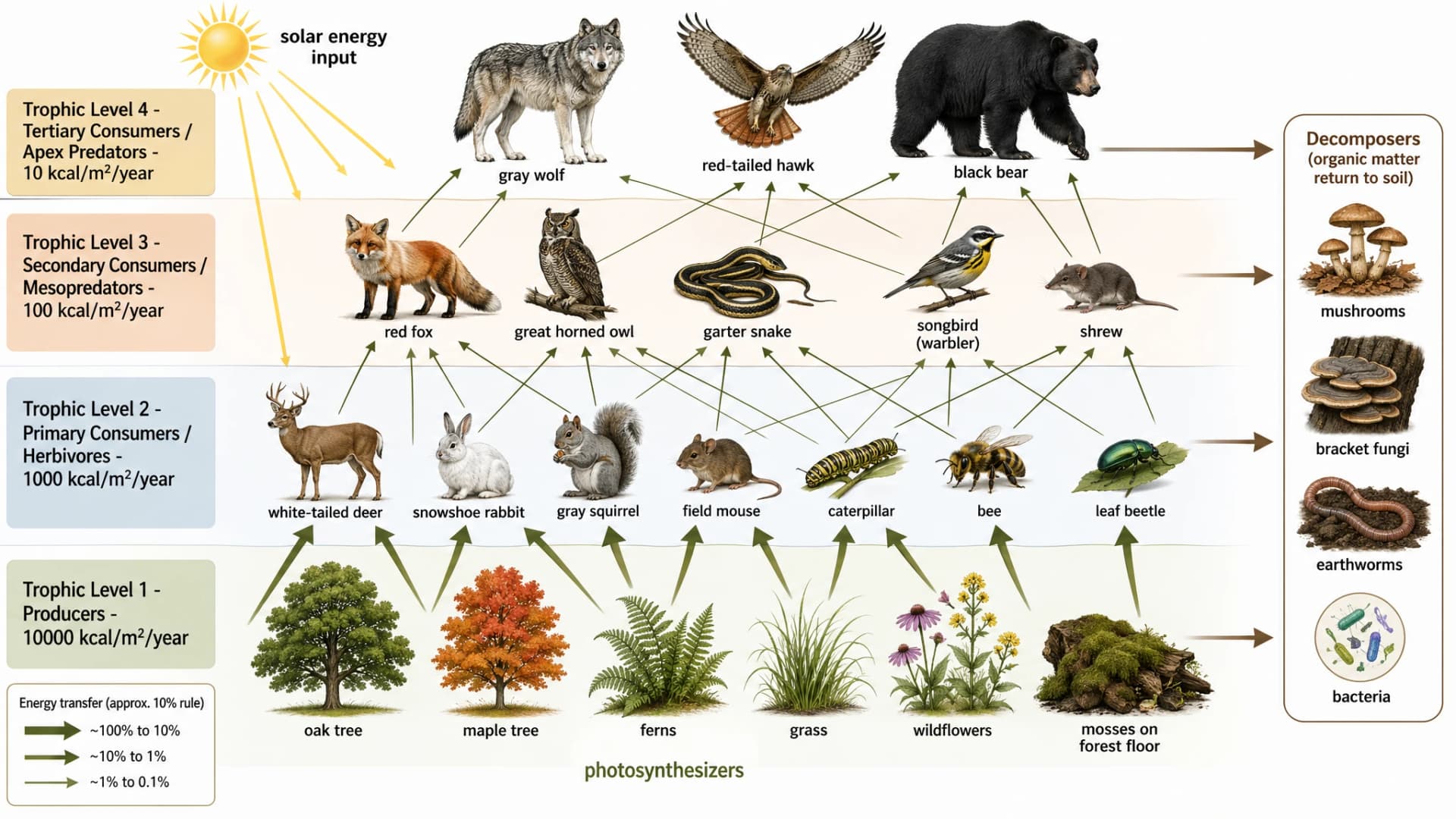 GPT Image 2: Wald-Nahrungsnetz mit vier trophischen Ebenen, Sonnenenergie-Eintrag, Spezies-Illustrationen, Zersetzern in separater Spalte und Energieübertragungs-Prozent-Legende, die die 10-Prozent-Regel zeigt