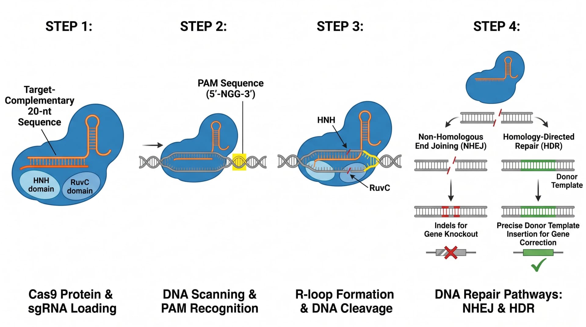 Nano Banana Pro: CRISPR-Cas9-Schneidemechanismus als 4 saubere BioRender-Stil-Schritte mit vereinfachtem Cas9-Cartoon und klarer NHEJ-HDR-Reparaturweg-Visualisierung