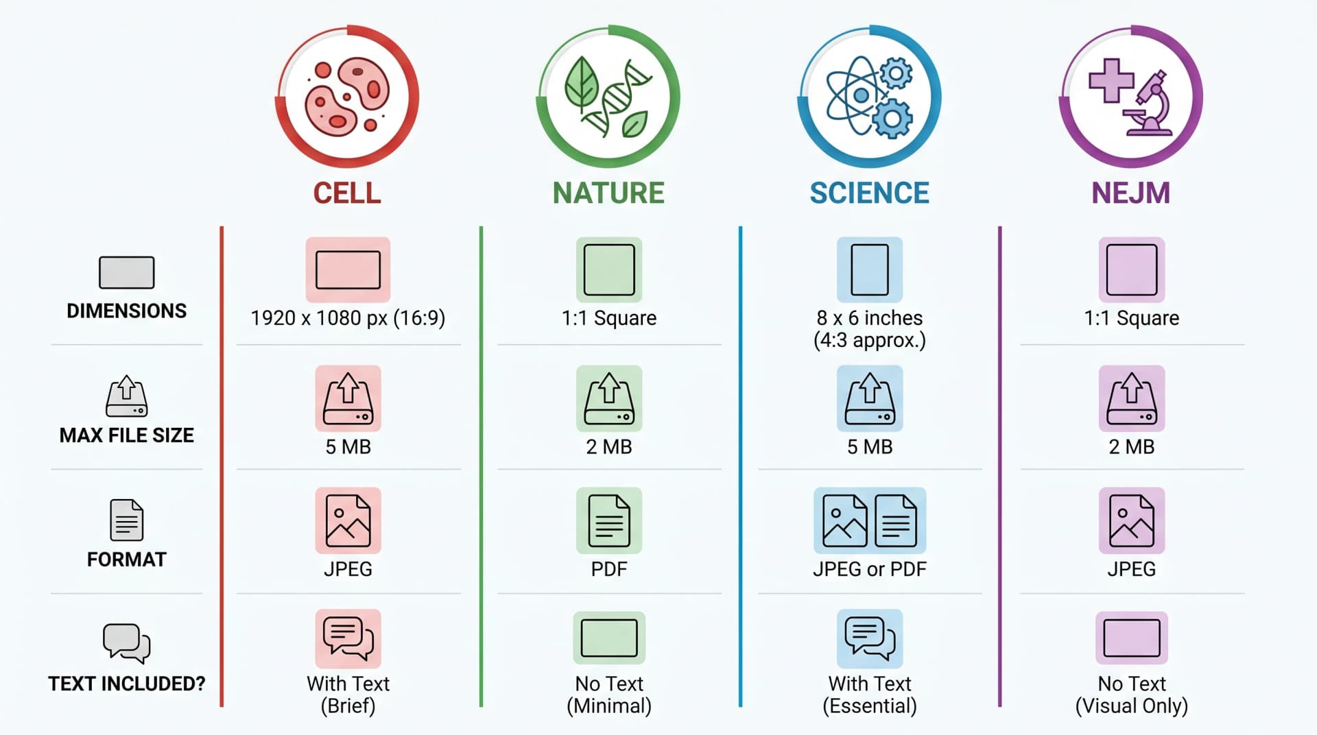 顶级期刊要求对比:Cell / Nature / Science / NEJM 4 家出版商的尺寸 / 文件大小 / 格式 / 文字策略(图片由 SciFig 生成)