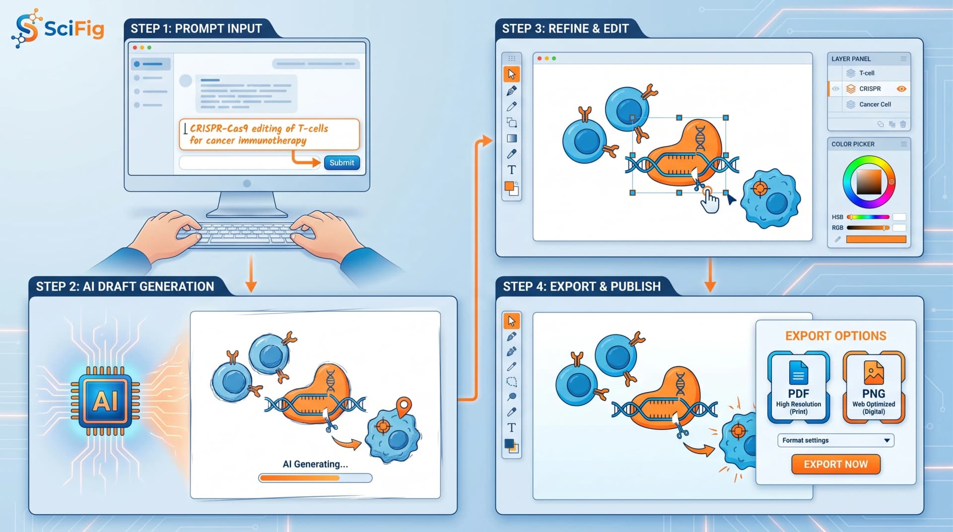 SciFig 四步工作流:输入 CRISPR-Cas9 提示词 → AI 生成草稿 → 矢量编辑精修 → 出版级 PDF/PNG 导出(图片由 SciFig 生成)