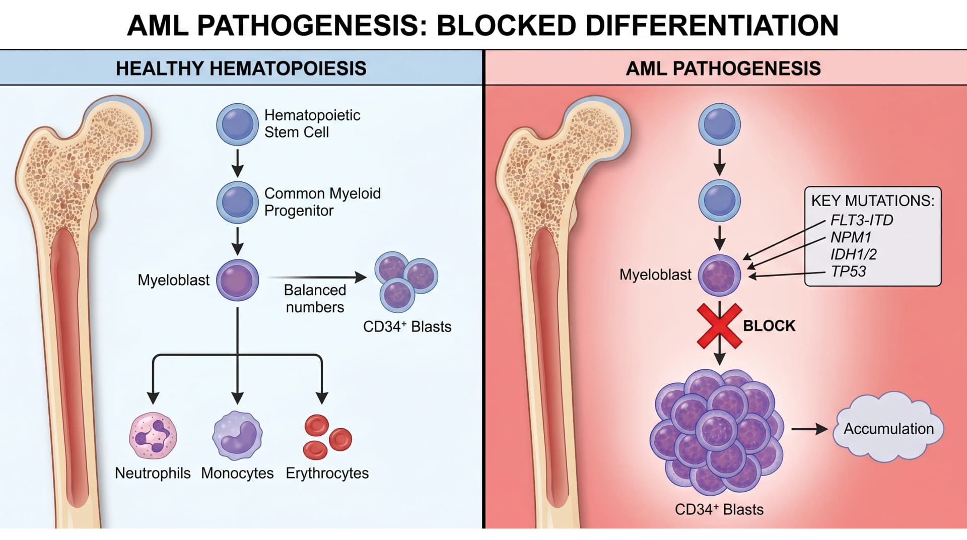 AML 分化阻断:正常髓系成熟停在 myeloblast 阶段,标注 FLT3-ITD、NPM1、IDH1/2、TP53 突变(图片由 SciFig 生成)