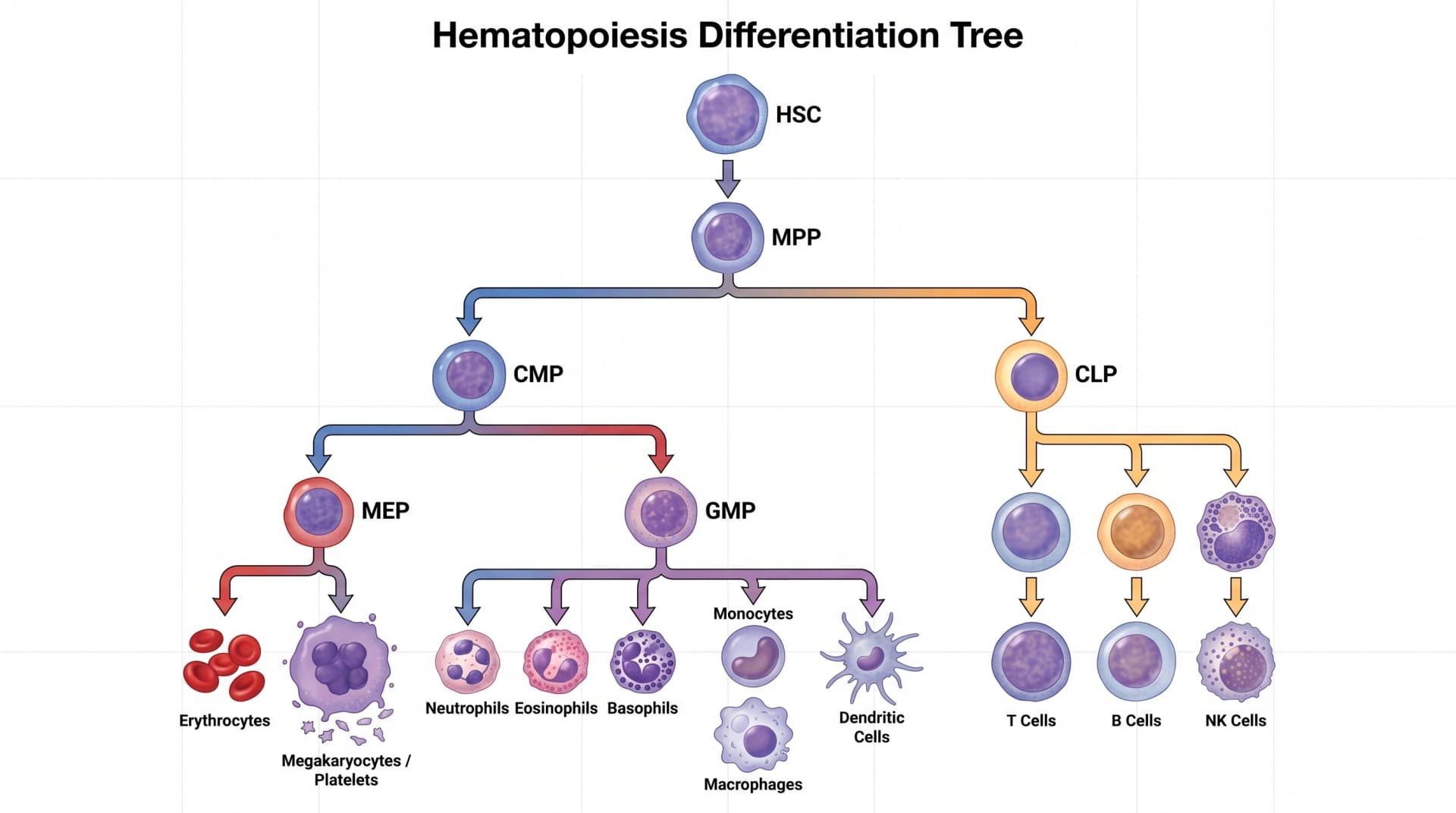 Hematopoiesis tree: HSC → MPP → CMP (myeloid) 与 CLP (lymphoid) → 11 个成熟血细胞谱系(图片由 SciFig 生成)