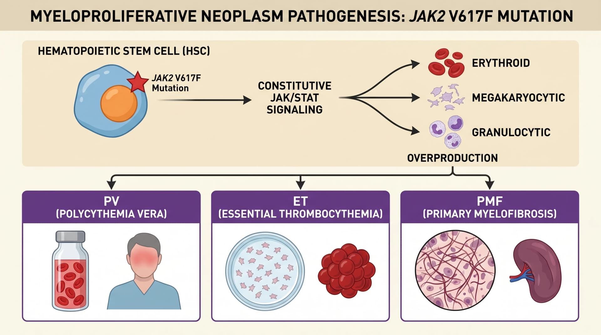 MPN 病理:JAK2 V617F 突变 → HSC 持续 JAK/STAT 信号 → PV、ET、PMF 谱系过度增生(图片由 SciFig 生成)