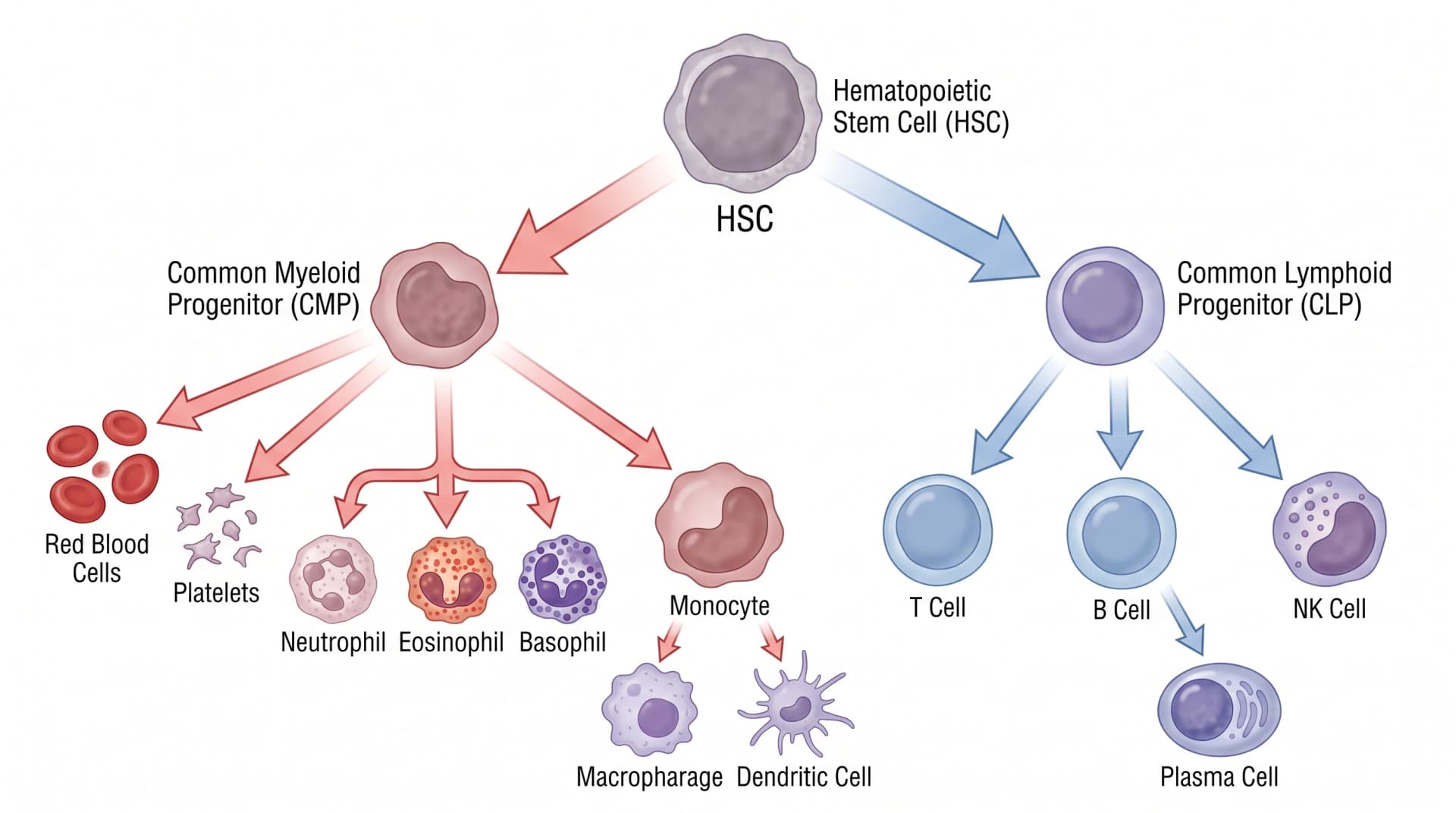 Myeloid vs lymphoid lineage branching: HSC at top branches into CMP (red — RBC/platelets/granulocytes/monocytes) and CLP (blue — T/B/NK cells) (Figure generated with SciFig)