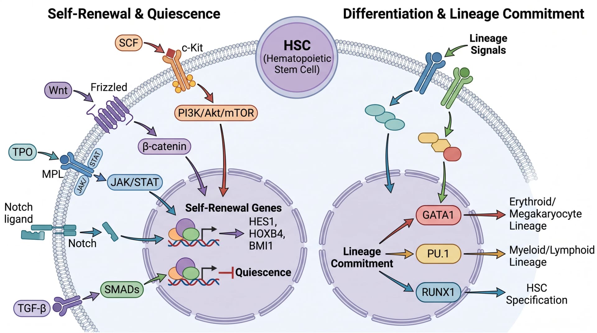 HSC signaling:SCF-c-Kit、TPO/JAK-STAT、Wnt/β-catenin、Notch——控制自我更新 vs 分化(图片由 SciFig 生成)