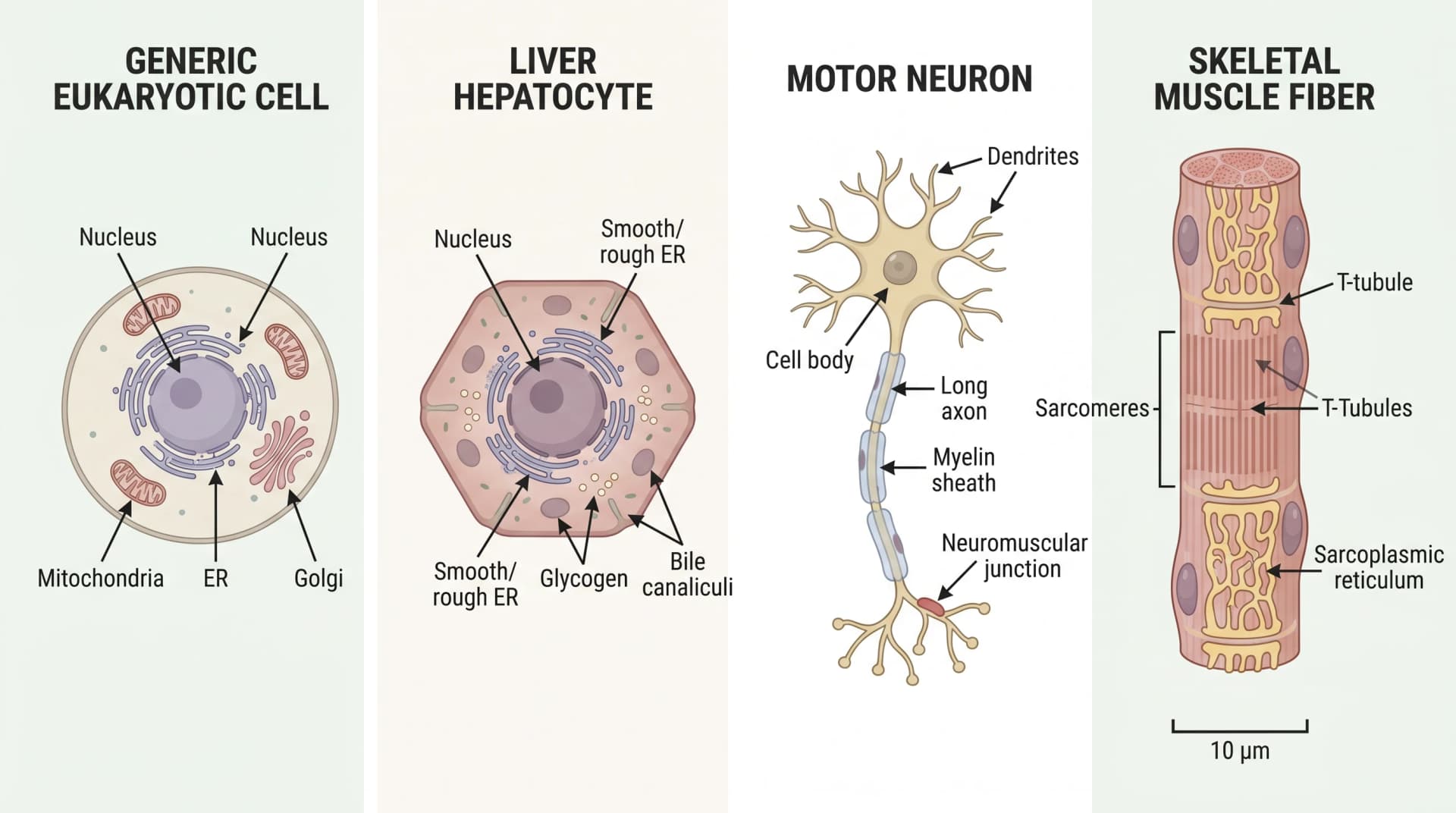 四种动物细胞类型对比:通用、肝细胞、神经元、肌纤维(图片由 SciFig 生成)