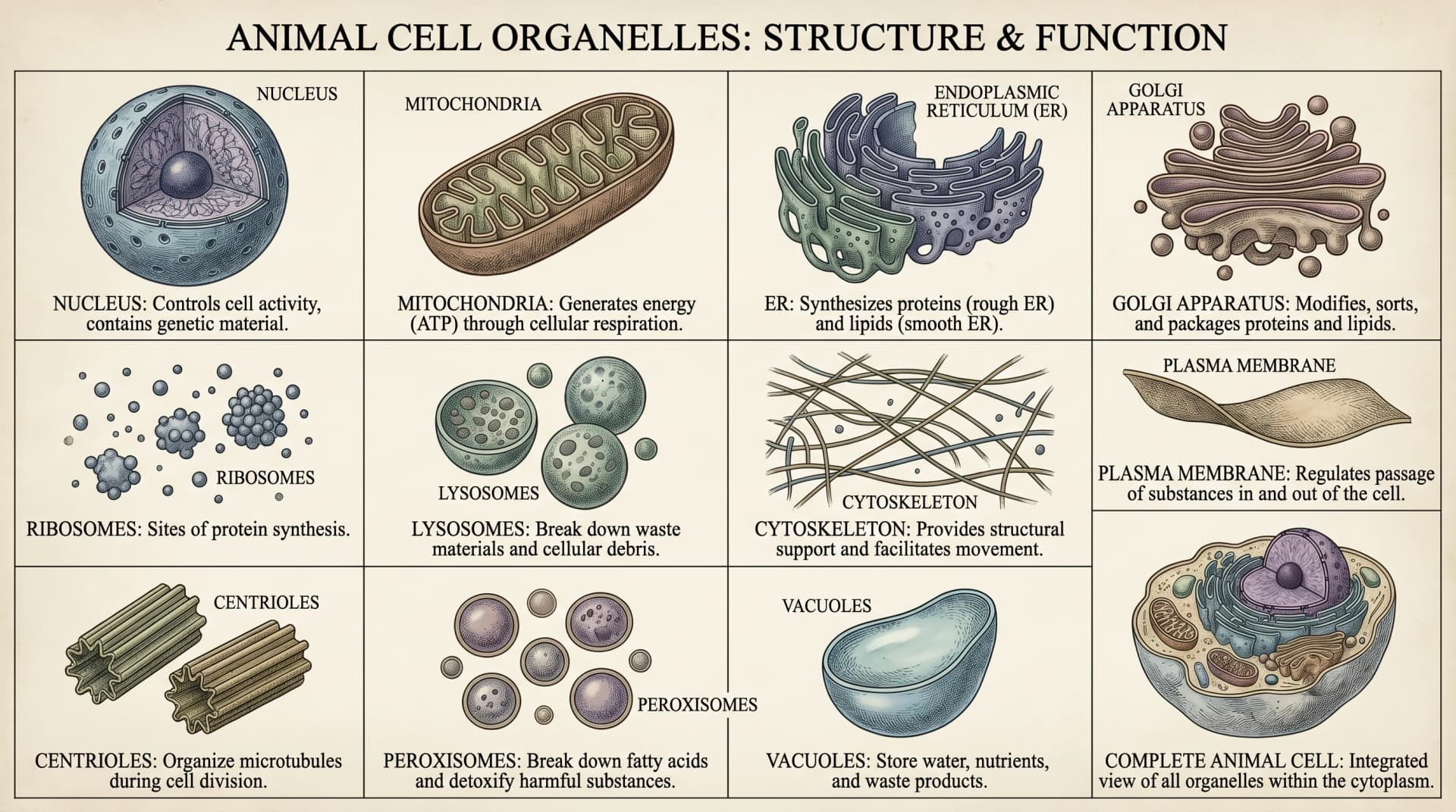11 个细胞器单独标注 + 功能描述(图片由 SciFig 生成)