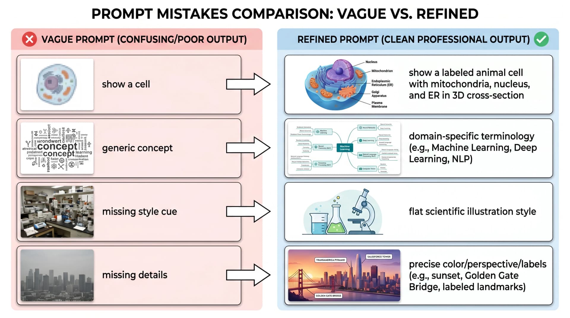 Before/after prompt refinement comparison: 4 rows showing vague prompts and poor outputs on left vs refined specific prompts and quality outputs on right (Figure generated with SciFig)