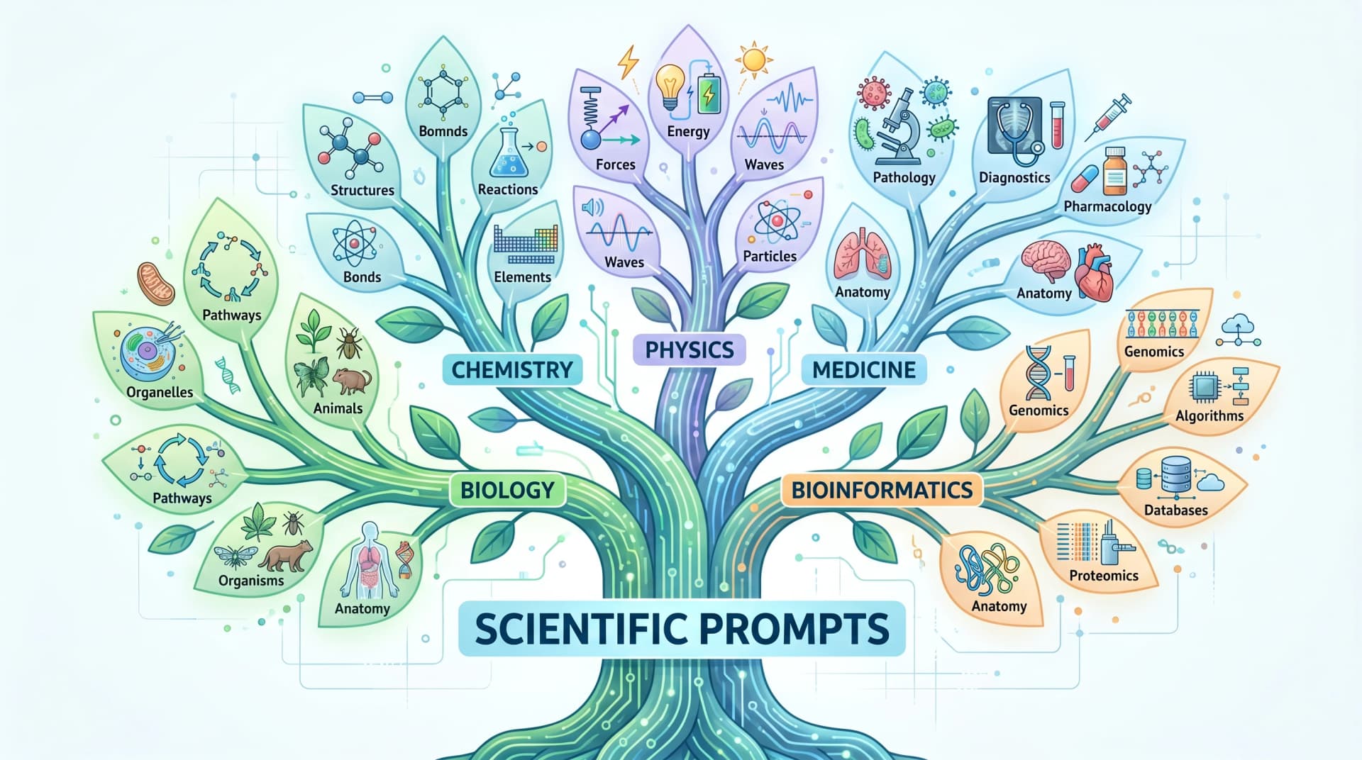 Domain-specific scientific vocabulary tree with 5 main branches (Biology / Chemistry / Physics / Medicine / Bioinformatics) and 4-5 specific terms per branch (Figure generated with SciFig)