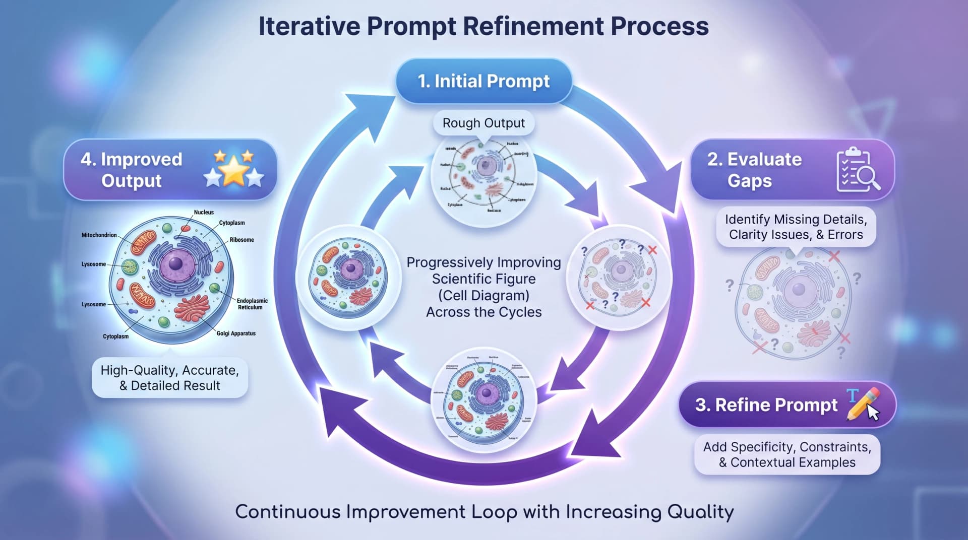 Circular iterative prompt refinement workflow: initial prompt → evaluate gaps → refine prompt → improved output, with quality stars accumulating each cycle (Figure generated with SciFig)