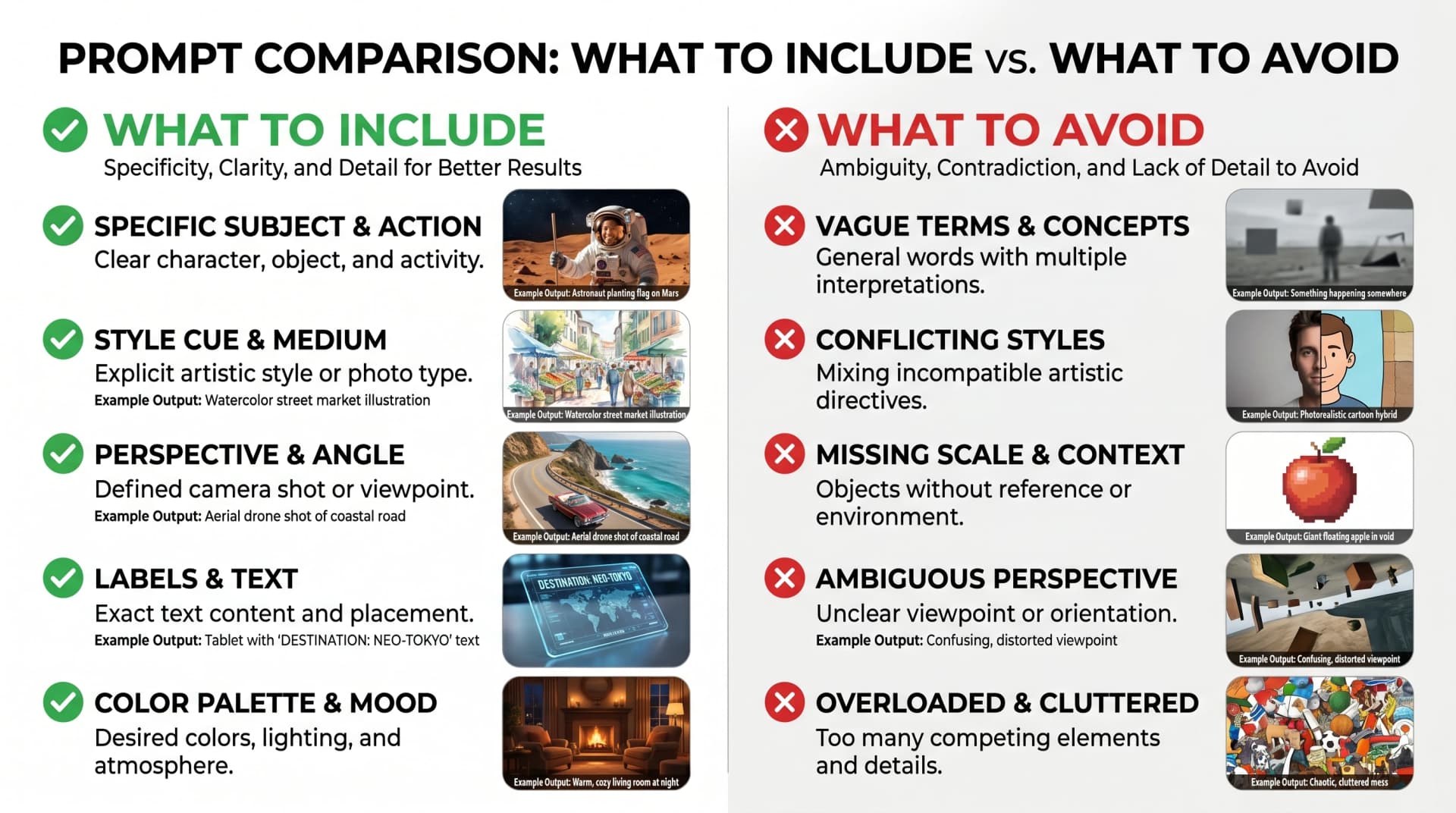 Two-column guide: WHAT TO INCLUDE (subject / style / perspective / labels / palette) vs WHAT TO AVOID (vague / conflicting / missing scale) (Figure generated with SciFig)