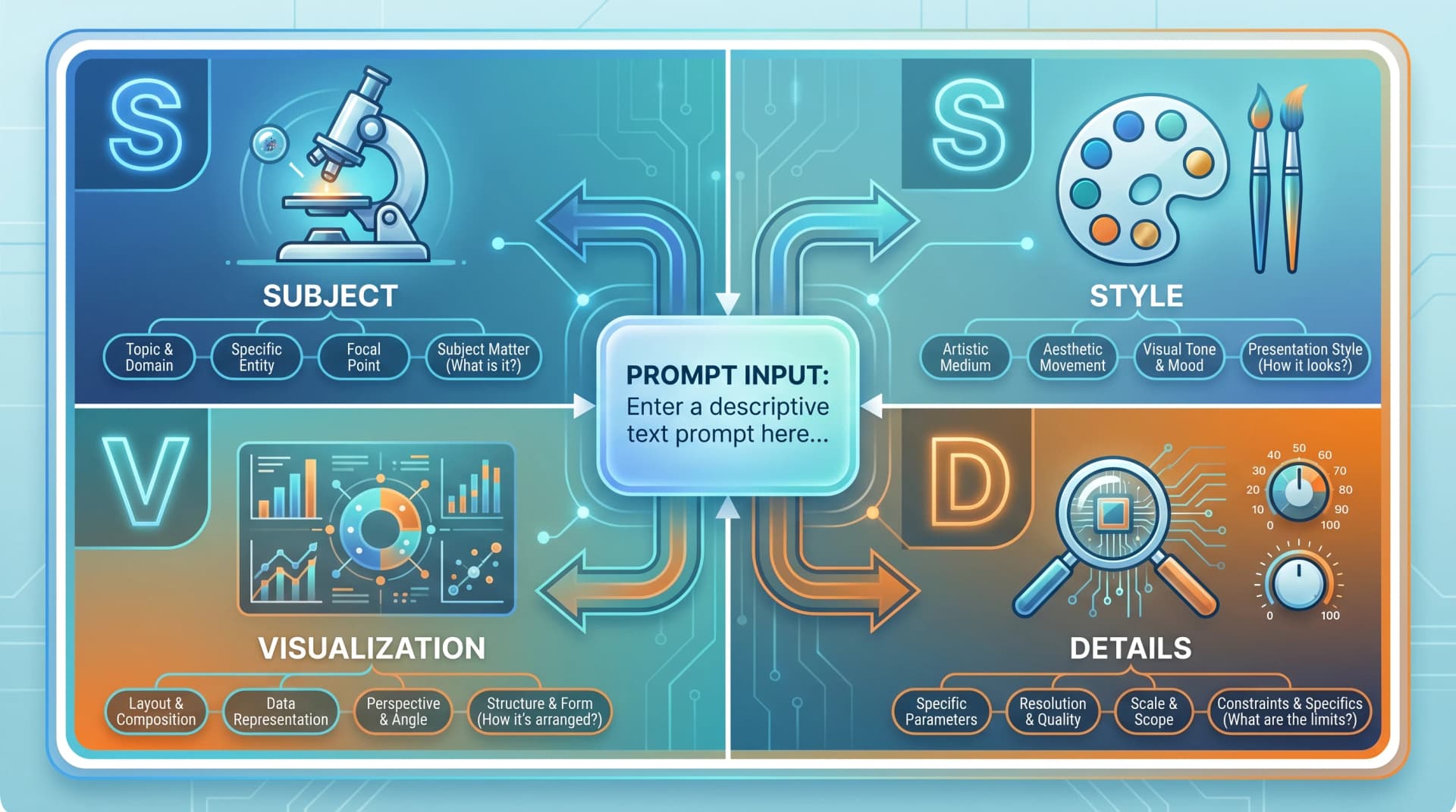 S.S.V.D. prompt framework 4-quadrant infographic: Subject (microscope) / Style (palette) / Visualization (chart) / Details (parameters) feeding a central prompt (Figure generated with SciFig)