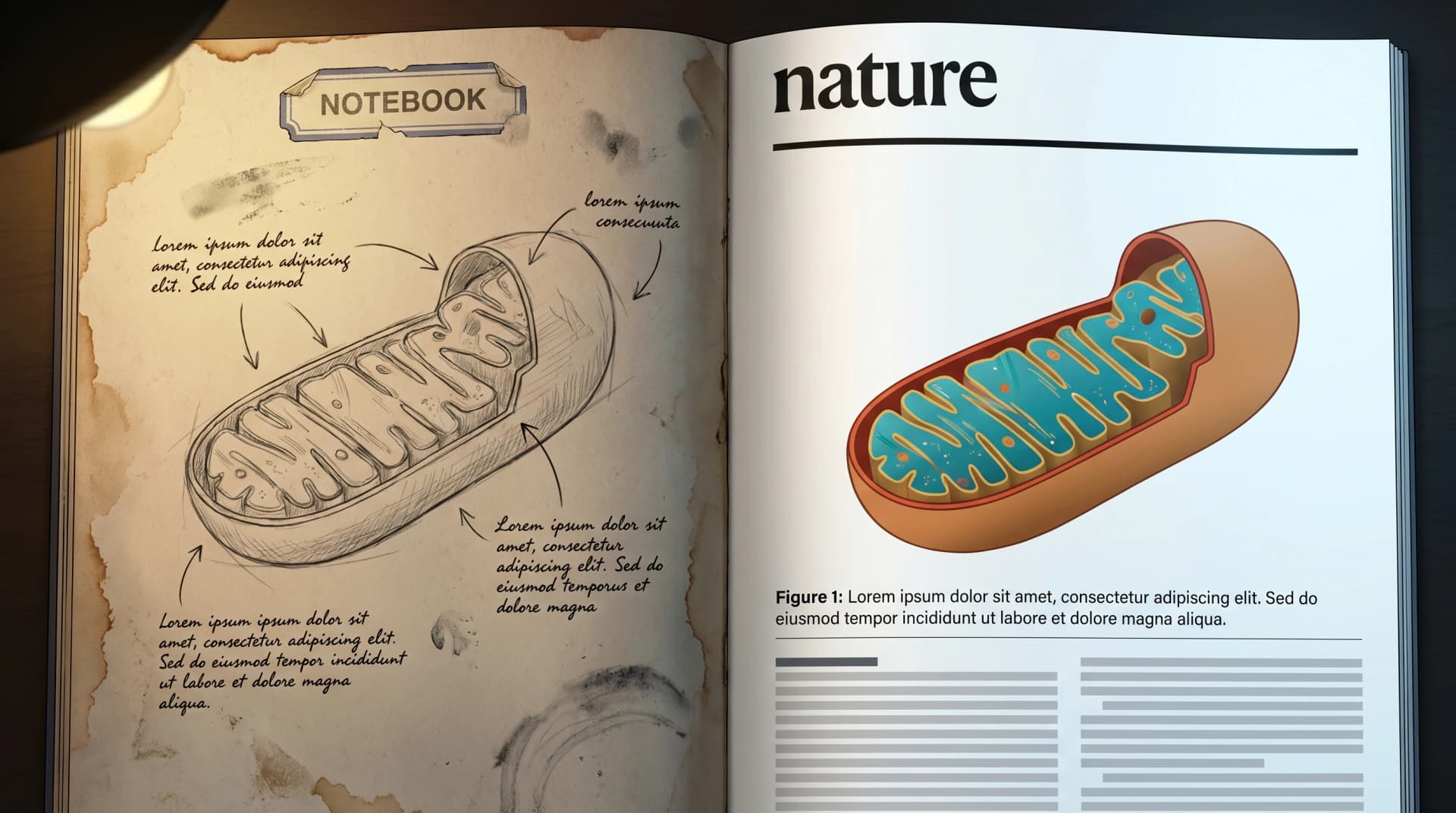 Before-and-after split: worn lab notebook hand sketch on left vs polished Nature journal page layout on right showing the same diagram (Figure generated with SciFig)