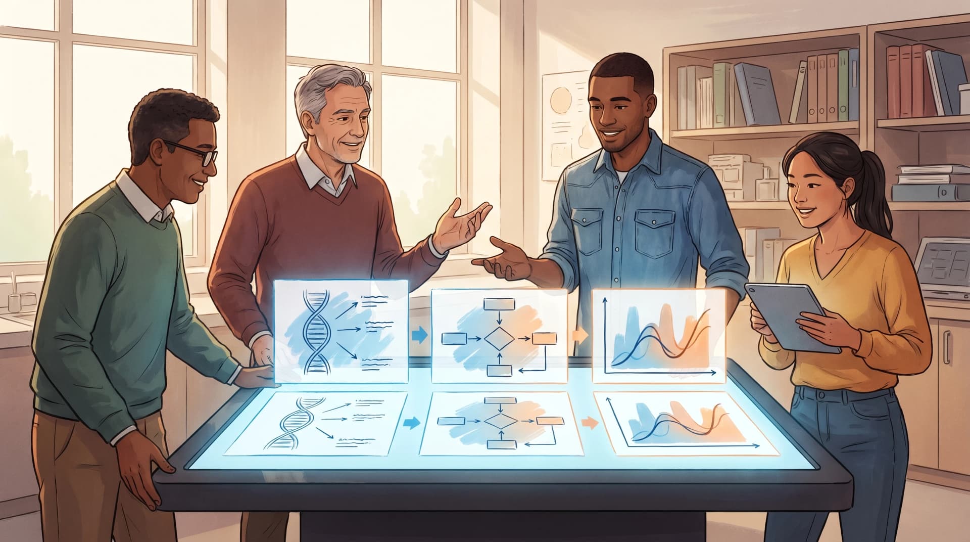 Diverse group of researchers (students, postdocs, PI) collaboratively transforming hand sketches into polished scientific figures on a shared AI canvas (Figure generated with SciFig)