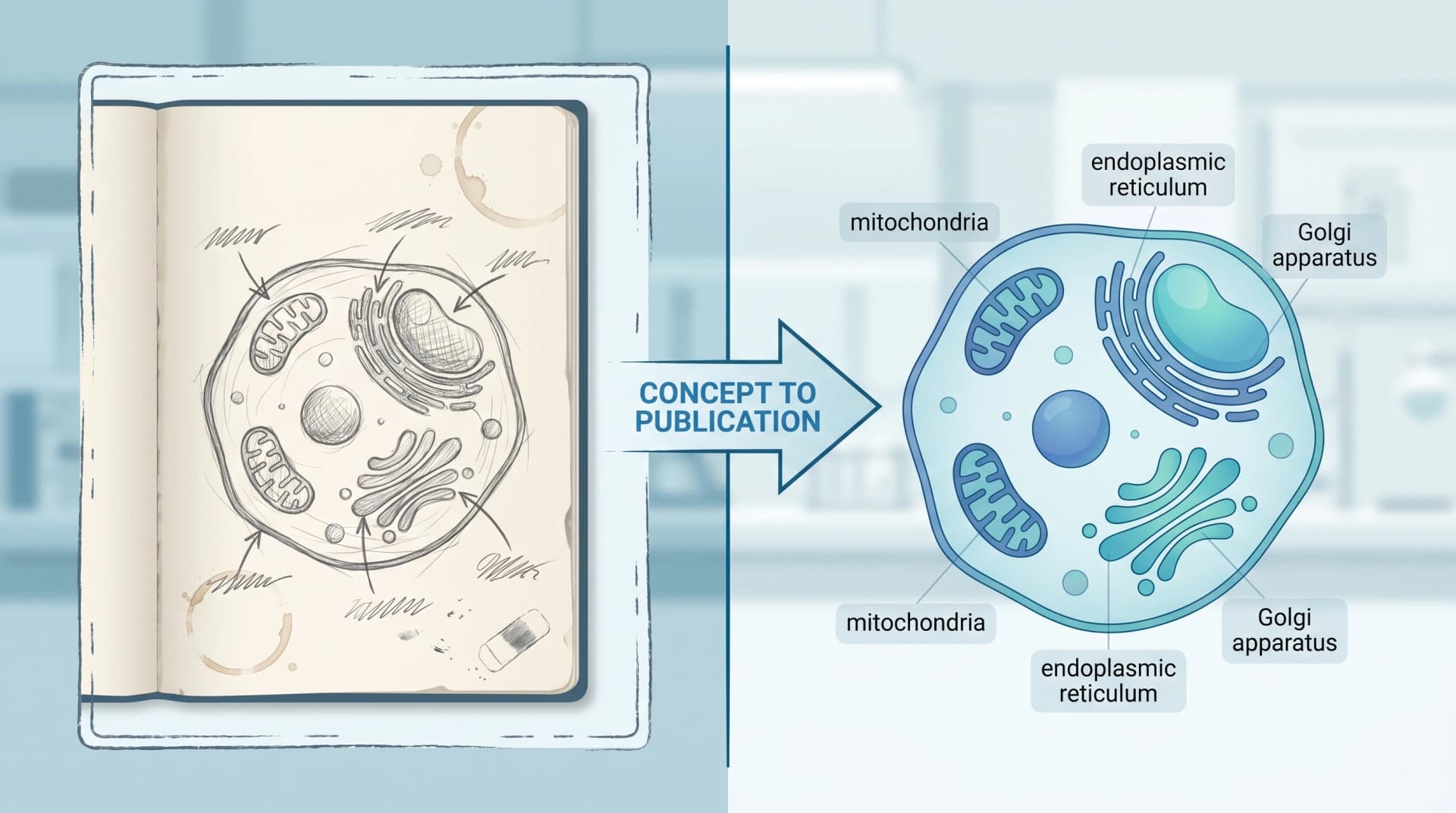Split-frame illustration showing rough hand-drawn lab notebook sketch on left vs polished publication-ready vector scientific figure on right (Figure generated with SciFig)