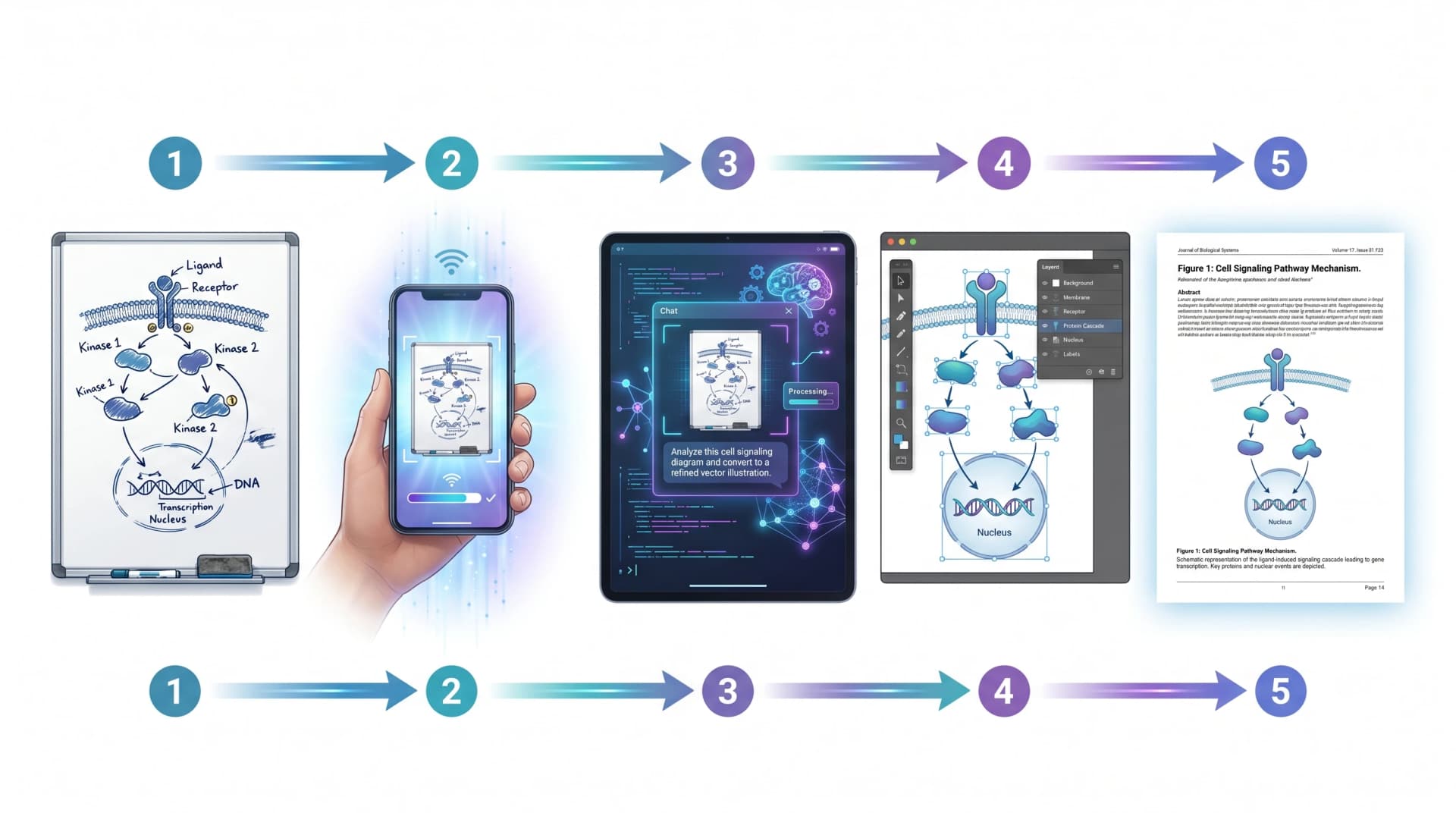 Five-step workflow: whiteboard sketch → smartphone upload → AI prompt analysis → vector editing canvas → publication-ready exported figure (Figure generated with SciFig)
